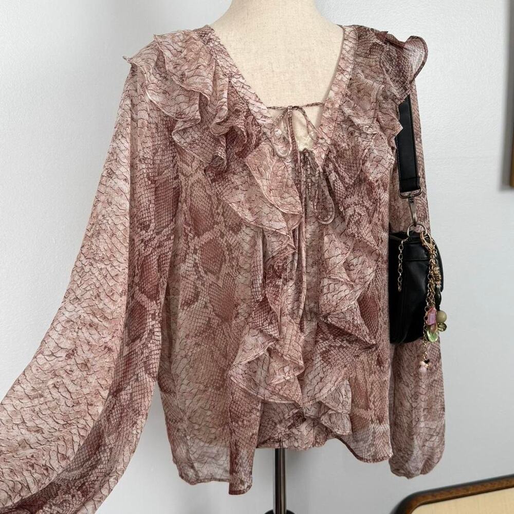 Anthropologie Snake Print Sheer Ruffle Romantic NWT Large Poet Blouse